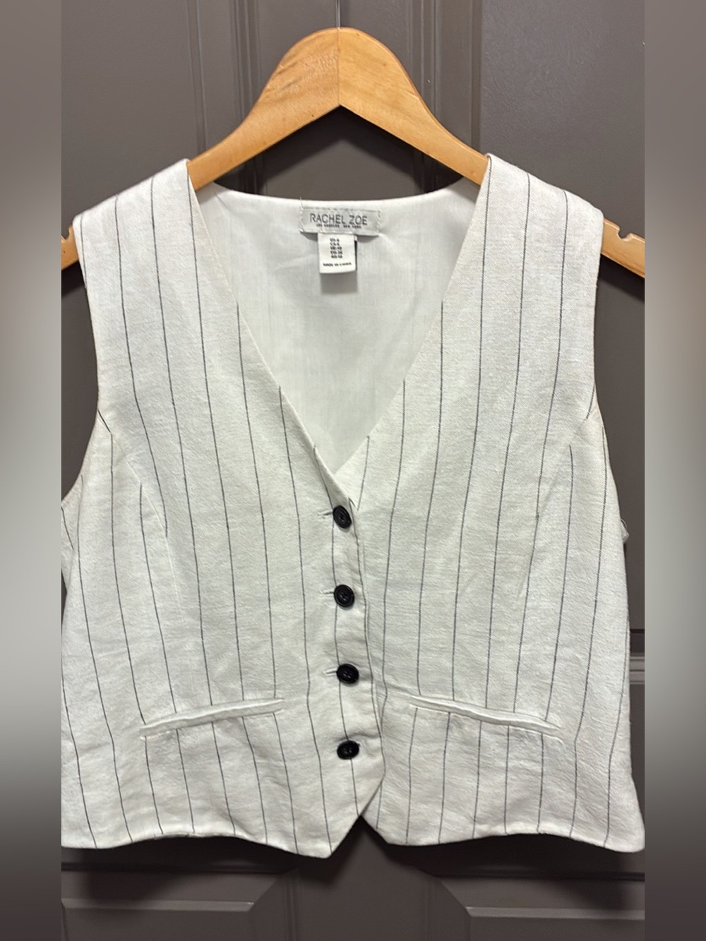 Rachel Zoe White Pinstripe Button-Front Linen Vest